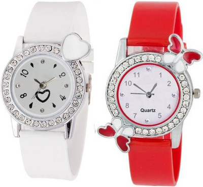 

Rage Enterprise New Designer Diamond Dial White & Red Color PU Belt Set Of 2 Women Watch - For Girls