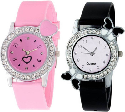 

Rage Enterprise New Designer Diamond Dial Black & Pink Color PU Belt Set Of 2 Women Watch - For Girls