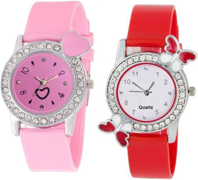 

Rage Enterprise New Designer Diamond Dial Red & Pink Color PU Belt Set Of 2 Women Watch - For Girls