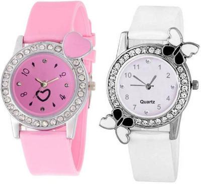 

Rage Enterprise New Designer Diamond Dial White & Pink Color PU Belt Set Of 2 Women Watch - For Girls
