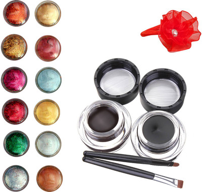 Vozwa Face and Eye Shimmer Powder, Glitter Powder, Music Flower Long Wear Gel Eyeliner Smudge Proof & Waterproof (Black And Brown ) With 2 Expert Eyeliner Brushes 6 g and Band (pack of 14)(Set of 14) available at flipkart for Rs.299