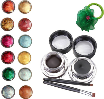 Vozwa Face and Eye Shimmer Powder, Glitter Powder, Music Flower Long Wear Gel Eyeliner Smudge Proof & Waterproof (Black And Brown ) With 2 Expert Eyeliner Brushes 6 g and Band (pack of 14)(Set of 14) available at flipkart for Rs.299