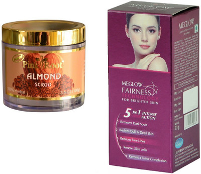 

Pink Root Almond Scrub 100gm and Meglow Fairness 5in1 Intense Action(Set of 2)