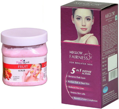 

Pink Root Fruit Scrub 500ml and Meglow Fairness 5in1 Intense Action(Set of 2)