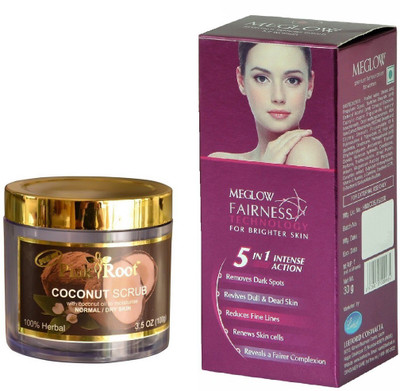 

Pink Root Coconut Scrub 100gm and Meglow Fairness 5in1 Intense Action(Set of 2)