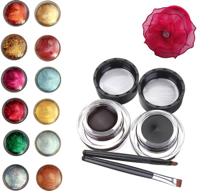 Vozwa Face and Eye Shimmer Powder, Glitter Powder, Music Flower Long Wear Gel Eyeliner Smudge Proof & Waterproof (Black And Brown ) With 2 Expert Eyeliner Brushes 6 g and Band (pack of 14)(Set of 14) available at flipkart for Rs.299