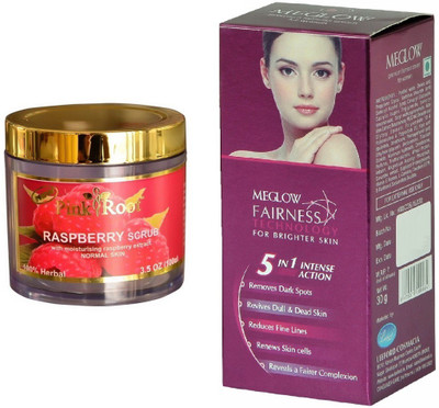 

Pink Root Raspberry Scrub 100gm and Meglow Fairness 5in1 Intense Action(Set of 2)