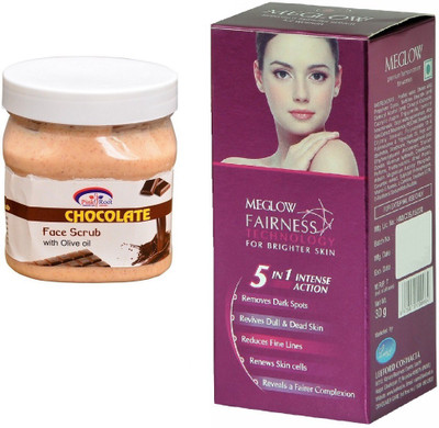 

Pink Root Chocolate Scrub 500ml and Meglow Fairness 5in1 Intense Action(Set of 2)