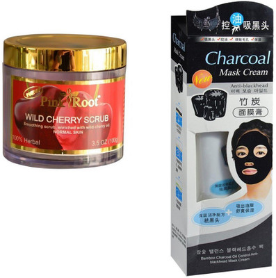 

Pink Root Wild Cherry Scrub 100gm, Charcoal Mask Cream Anti-blackhead(Set of 2)