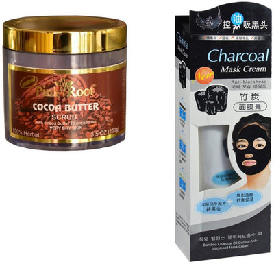 

Pink Root Cocoa Butter Scrub 100gm, Charcoal Mask Cream Anti-blackhead(Set of 2)