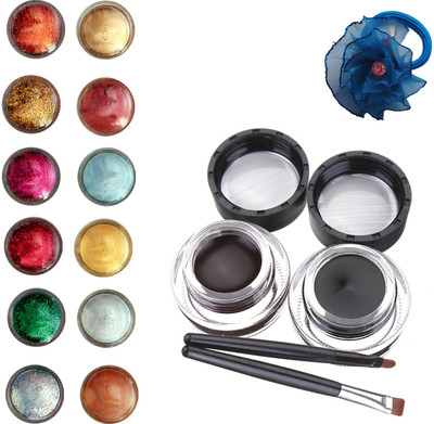 Vozwa Face and Eye Shimmer Powder, Glitter Powder, Music Flower Long Wear Gel Eyeliner Smudge Proof & Waterproof (Black And Brown ) With 2 Expert Eyeliner Brushes 6 g and Band (pack of 14)(Set of 14) available at flipkart for Rs.299