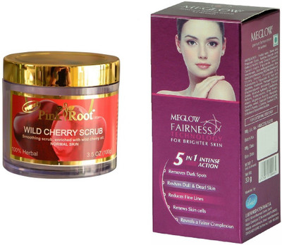 

Pink Root Wild Cherry Scrub 100gm and Meglow Fairness 5in1 Intense Action(Set of 2)