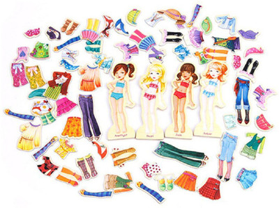 

Emob 4 Wooden Adorable Dolls with 63 Magnetic Fashionable Outfits Pretend Play Dress up Set(Multicolor)