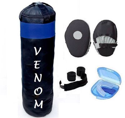 

Venom 3.5 Feet Long, PU Material, Black and Blue Color, Unfilled with Hanging Straps, Pair of Black Color Straight Coacher Pad, 9 Feet Long Black Color Hand Wraps and Blue Color Mouth Guard Gym & Fitness Kit