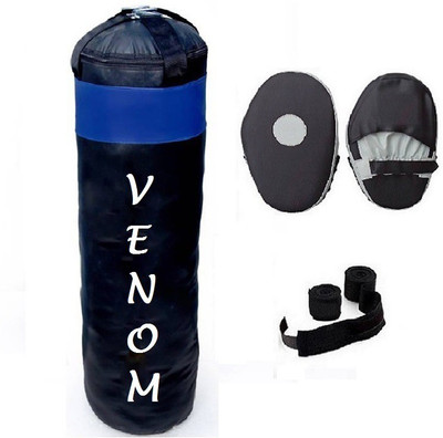 

Venom 3.0 Feet Long, PU Material, Black and Blue Color, Unfilled with Hanging Straps, Pair of Black Color Straight Coacher Pad and 9 Feet Long Black Color Hand Wraps Pair Gym & Fitness Kit