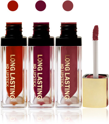 

Seven seas cosmetics makeup HD long lasting lady liquid matte lip gloss lipstick fashion color set of 3(red,maroon pink,orange brown, 15 g)