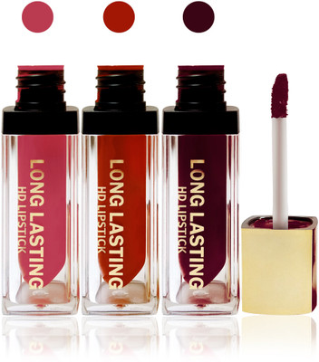 

Seven seas cosmetics makeup HD long lasting lady liquid matte lip gloss lipstick fashion color set of 3(pink,red,falsa, 15 g)