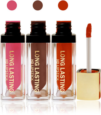 

Seven seas cosmetics makeup HD long lasting lady liquid matte lip gloss lipstick fashion color set of 3(l pink,black brown,orange, 15 g)