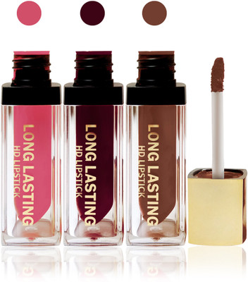 

Seven seas cosmetics makeup HD long lasting lady liquid matte lip gloss lipstick fashion color set of 3(black brown,falsa,l pink, 15 g)
