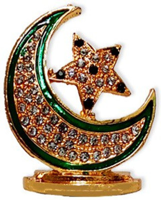 FABZONE Gold Plated With Stone Allah Sign Star Handicraft Statue Car Dashboard Idol & Decorative Spritual Vastu - Muslim Religious Ibadat Gift Item / Home Decor / Office / Study Table Decorative Showpiece - 5 cm(Brass, Green)