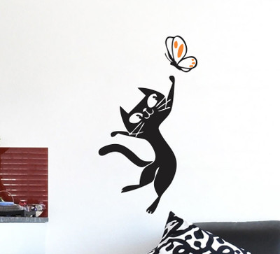 StickerYard 76 cm Cat With Butterfly Wall Decal Self Adhesive Sticker(Pack of 1)
