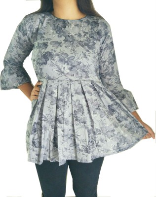 Vitan's Collection Casual Bell Sleeve Floral Print Women Grey Top