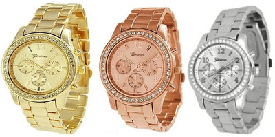 Geneva Multi 8361 GREENDIMENSION 3PCs Silver Gold and Rose Gold Plated Classic Round Ladies Watch Watch - For Women