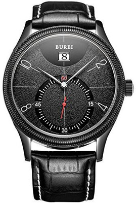 

BUREI Black17826 BUREI Men's Simple Wrist Watch Stainless Steel Case with Black Leather Strap and Big face Watch - For Men
