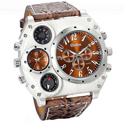 

Jewelrywe Brown18426 Fashion Men's Military Style 2 Time Zones Dark Brown Leather Strap Quartz Wrist Watch Sports Wirstwatch Watch - For Men