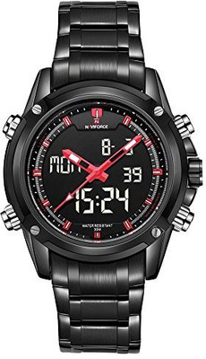 

PHCOOVERS Black19692 NAVIFORCE Men's Sport Stainless Steel LED Dual Time Dispaly Analog Digital Watch-Black & Red Watch - For Men
