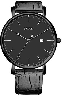 

BUREI Black19545 BUREI� Unisex Ultra-thin Elegant Date Quartz Watch with Black Calfskin Leather Band, Black Dial Watch - For Men