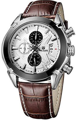

Megir Black19599 AIMAL Mens Sport Black Leather Strap - Quartz Wrist Watches - Chronograph Calendar and Waterproof Watch - For Men