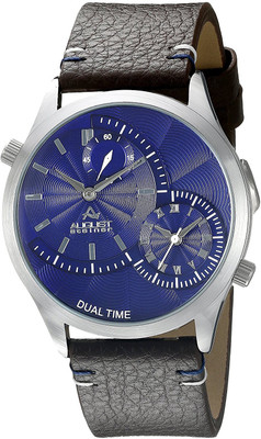 

August Steiner Blue19461 August Steiner Men's AS8167BU Silver Dual-Time Zone Quartz Watch with Blue Dial and Brown with White Stitching Leather Strap Watch - For Men