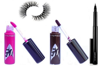 

studio Royal combo Eyelashes &Mac Star Trek Pink & Cvber Colors Set Of 2 Liquid Lip Gloss & Mac Pen Eyeliner(Set of 4)
