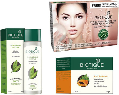 

BIOTIQUE BIO Bio Morning Nectar Flawless Skin Lotion, Bio Pearl White Facial Kit, Bio Papaya Revitalizing Tan Removal Scrub(Set of 3)