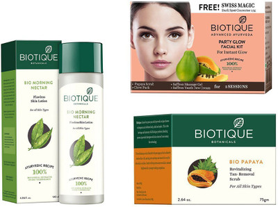 

BIOTIQUE BIO Bio Morning Nectar Flawless Skin Lotion, Bio Pearl White Facial Kit, Bio Papaya Revitalizing Tan Removal Scrub(Set of 3)