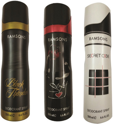 

RAMSONS SECRET CODE DEODORANT SPRAY 200 ML.+SEXY HEART DEODORANT SPRAY 200 M.+BLACK THUNDER DEODORANT SPRAY 200 ML. Deodorant Spray - For Men & Women(200 ml, Pack of 3)