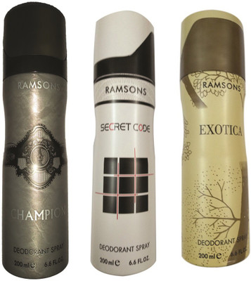 

RAMSONS EXOTICA DEODORANT DEODORANT SPRAY 200 ML.+CHAMPION DEODORANT SPRAY 200 ML.+SECRET CODE DEODORANT SPRAY 200 ML. Deodorant Spray - For Men & Women(200 ml)
