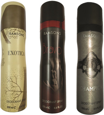 

RAMSONS EXOTICA DEODORANT SPRAY 200 ML.+BRAVO DEODORANT SPRAY 200 ML.+ CHAMPION DEODORANT SPRAY 200 ML. Deodorant Spray - For Men & Women(200 ml, Pack of 3)