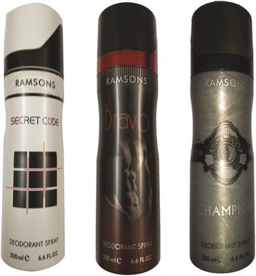 

RAMSON BRAVO DEODORANT SPRAY 200 ML.+ CHAMPION DEODORANT SPRAY 200 ML.+ SECRET CODE DEODORANT SPRAY 200 ML. Deodorant Spray - For Men & Women(200 ml)
