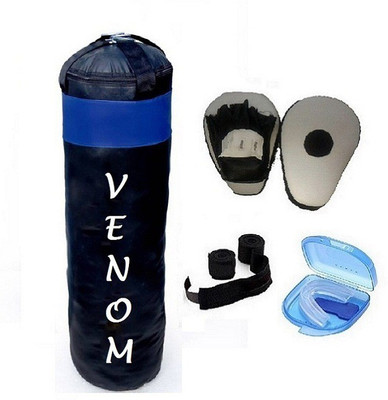 

Venom 3.0 Feet Long, PU Material, Black and Blue Color, Unfilled with Hanging Straps, Pair of Black Color Curve Coacher Pad and Blue Color Mouth Guard Gym & Fitness Kit