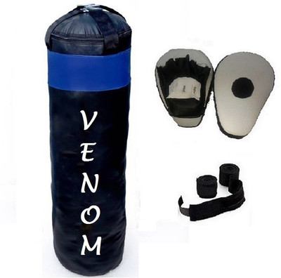 

Venom 3.0 Feet Long, PU Material, Black and Blue Color, Unfilled with Hanging Straps, Pair of Black Color Curve Coacher Pad, 9 Feet Long Black Color Hand Wraps Gym & Fitness Kit