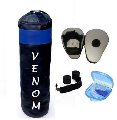 

Venom 5.0 Feet Long, PU Material, Black and Blue Color, Unfilled with Hanging Straps, Pair of Black Color Curve Coacher Pad and Blue Color Mouth Guard Gym & Fitness Kit