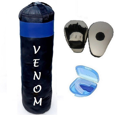 

Venom 3.5 Feet Long, PU Material, Black and Blue Color, Unfilled with Hanging Straps, Pair of Black Color Curve Coacher Pad and Blue Color Mouth Guard Gym & Fitness Kit