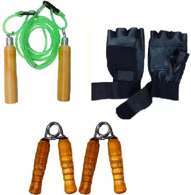 

Monika Sports gym gloves + wooden skipping rope + wooden hand grip for exercise Home Gym Kit