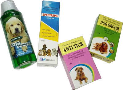 

ROYAL PET (Bath Grooming Combo Pack) Neem Shampoo 200ml | Spectrapil Pet Lotion 100g | Anti Tick Soap 100g | Dog Groom Soap 100g (Pack of 4) | Grooming Gloves for Dog(Multicolor, Fits All)