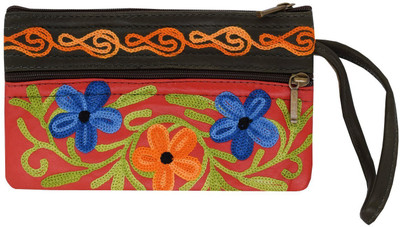

Bagaholics Handmade Kashmiri Crewel Embroidery pure Leather Wristlet Pouch Multipurpose Pouch Handbag Hand Clutch Purse gift for ladies / girls / women Pouch(Orange)