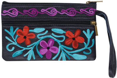 

Bagaholics Handmade Kashmiri Crewel Embroidery pure Leather Wristlet Pouch Multipurpose Pouch Handbag Hand Clutch Purse gift for ladies / girls / women Pouch(Black)
