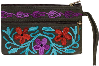 

Bagaholics Handmade Kashmiri Crewel Embroidery pure Leather Wristlet Pouch Multipurpose Pouch Handbag Hand Clutch Purse gift for ladies / girls / women Pouch(Grey)