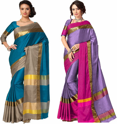 Aaghnya Embellished Bollywood Cotton Silk Saree(Pack of 2, Light Blue, Blue)
